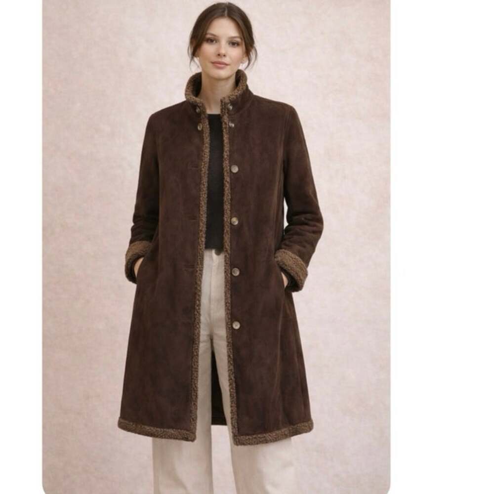 L.L. Bean Chocolate Brown Faux Suede and Shearling Coat NWOT